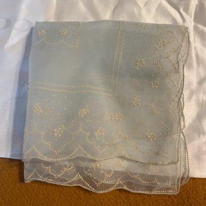 Vintage light blue sheer cream embroidery pocket square